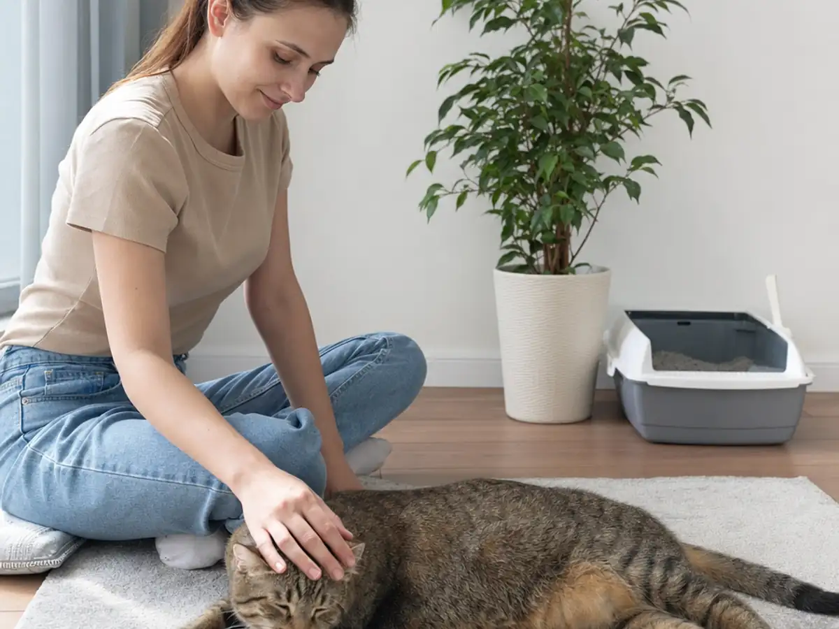 Iemand aait een kat naast een schone kattenbak op een rustige plek
