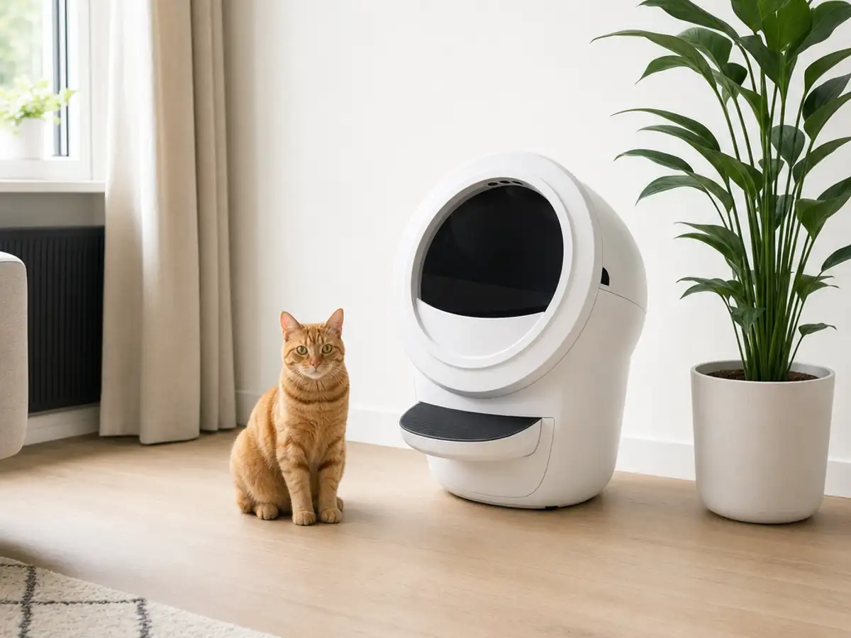 Een automatische zelfreinigende kattenbak met een kat die ernaast zit
