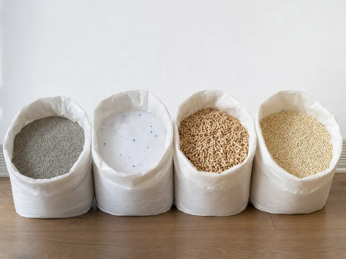 Vier zakken kattenbakvulling met klei, silica, houtkorrels en tofukorrels