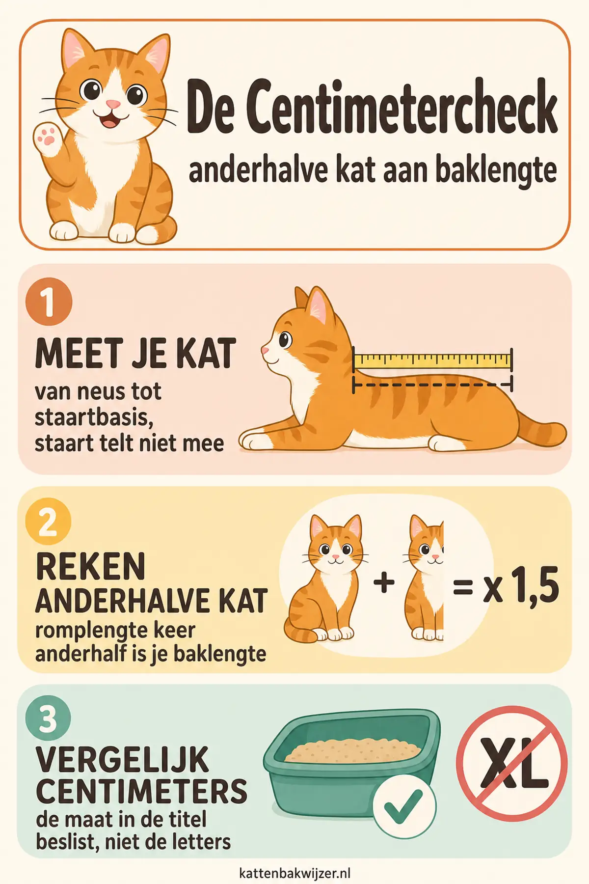 De Centimetercheck voor een kattenbak voor grote katten: meet je kat van neus tot staartbasis, reken anderhalve kat aan baklengte, en vergelijk de centimeters in de titel — niet de letters.