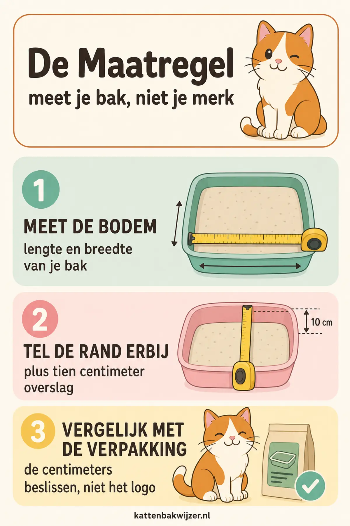 De Maatregel voor kattenbakzakken: meet de bodem van je bak, tel de randhoogte en tien centimeter overslag erbij, en vergelijk die centimeters met de maat op de verpakking.
