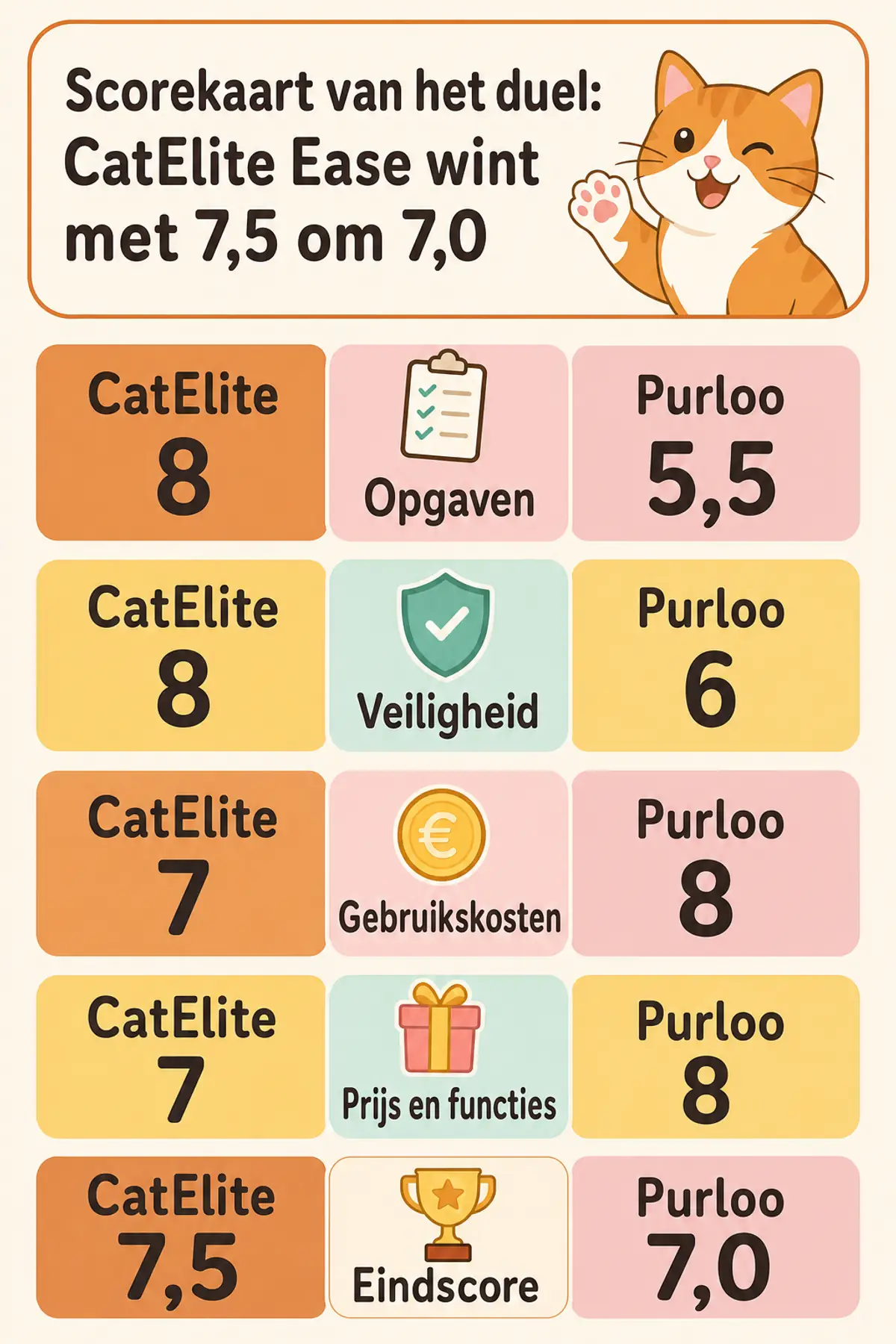 Scorekaart van het duel: de CatElite Ease wint met 7,5 om 7,0 — subscores per criterium met hun vaste weging.