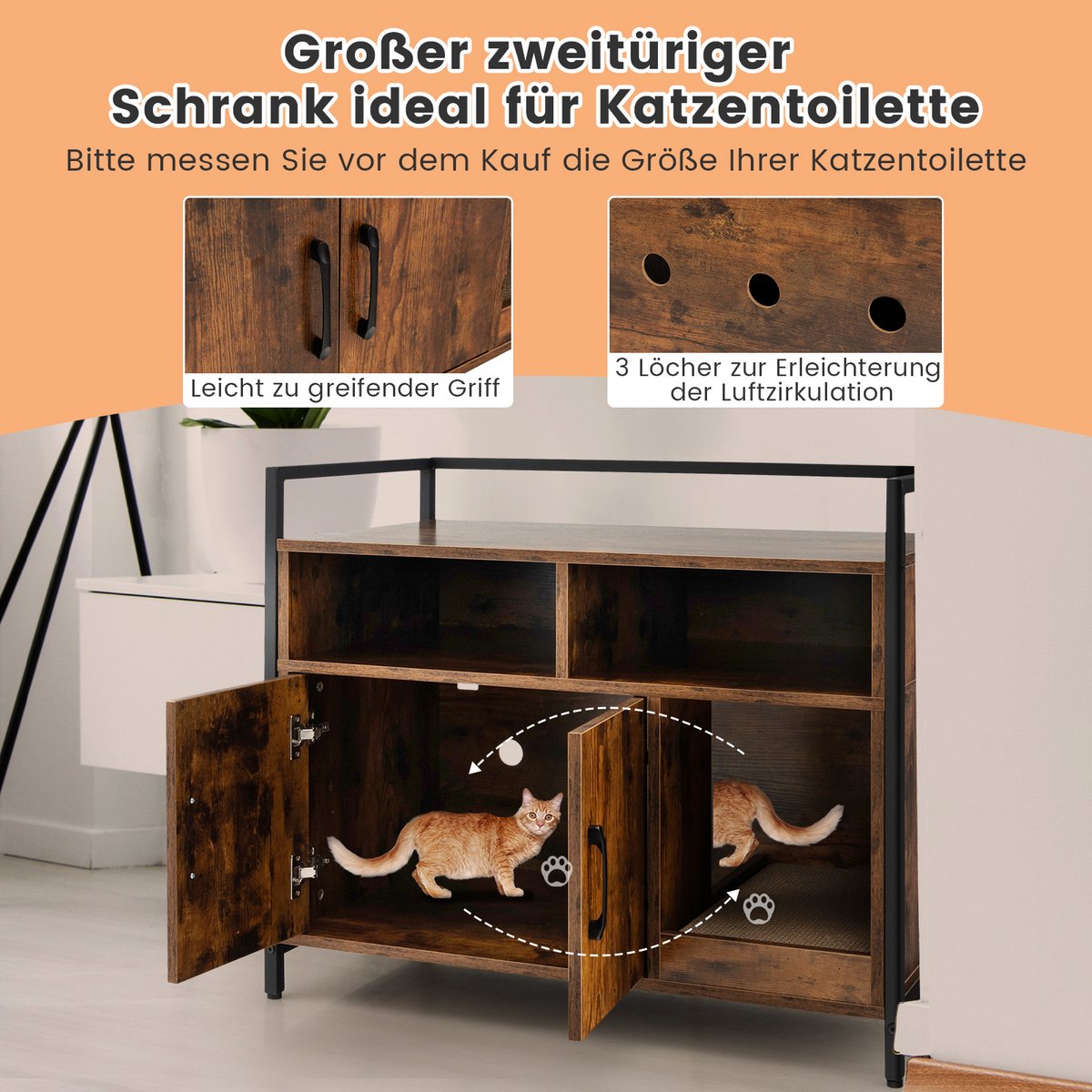 COSTWAY Kattenkast, kattenbak met dubbele deuren en krab-onderlegger, kattenhuis met open plank en 2 vakken, kattenmand, kattenbak, kast, voor katten, honden, huisdieren (bruin)