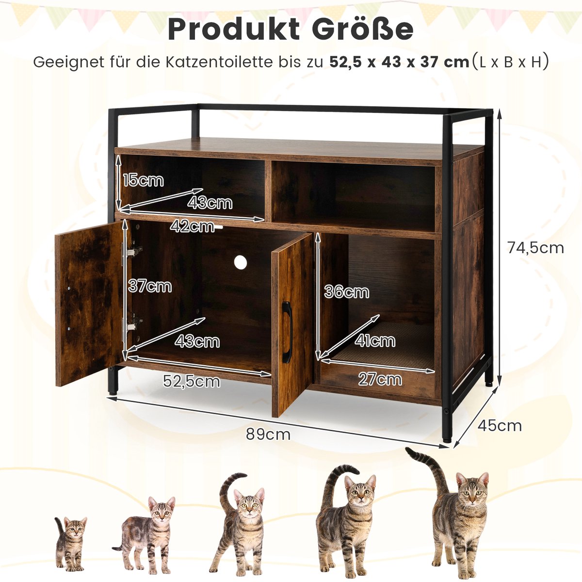 Miniatuur van productfoto 3 van COSTWAY Kattenkast, kattenbak met dubbele deuren en krab-onderlegger, kattenhuis met open plank en 2 vakken, kattenmand, kattenbak, kast, voor katten, honden, huisdieren (bruin)