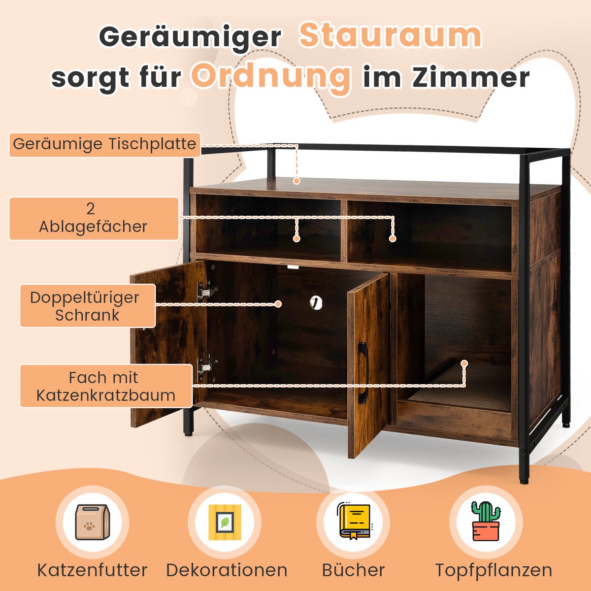 Miniatuur van productfoto 5 van COSTWAY Kattenkast, kattenbak met dubbele deuren en krab-onderlegger, kattenhuis met open plank en 2 vakken, kattenmand, kattenbak, kast, voor katten, honden, huisdieren (bruin)