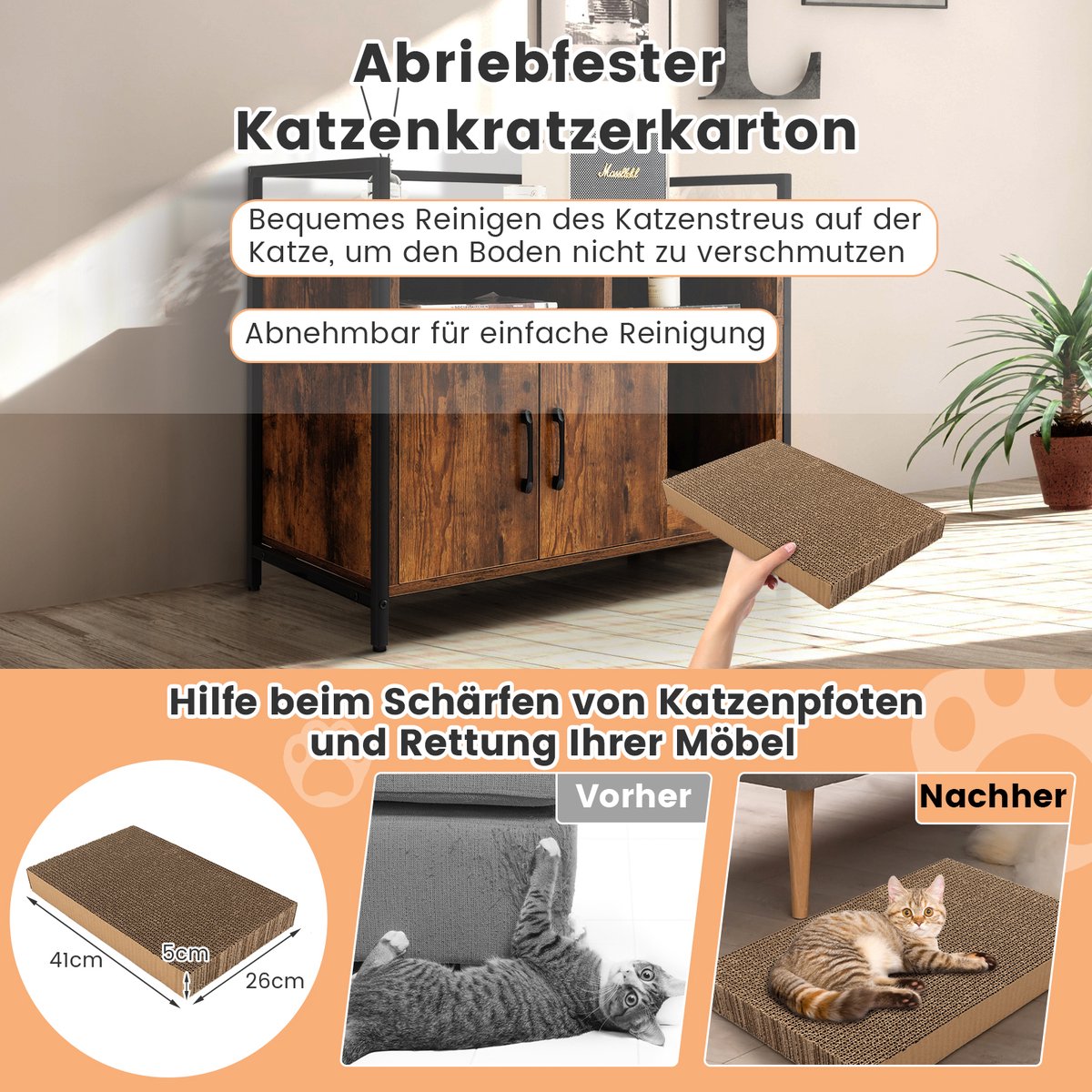 Miniatuur van productfoto 7 van COSTWAY Kattenkast, kattenbak met dubbele deuren en krab-onderlegger, kattenhuis met open plank en 2 vakken, kattenmand, kattenbak, kast, voor katten, honden, huisdieren (bruin)