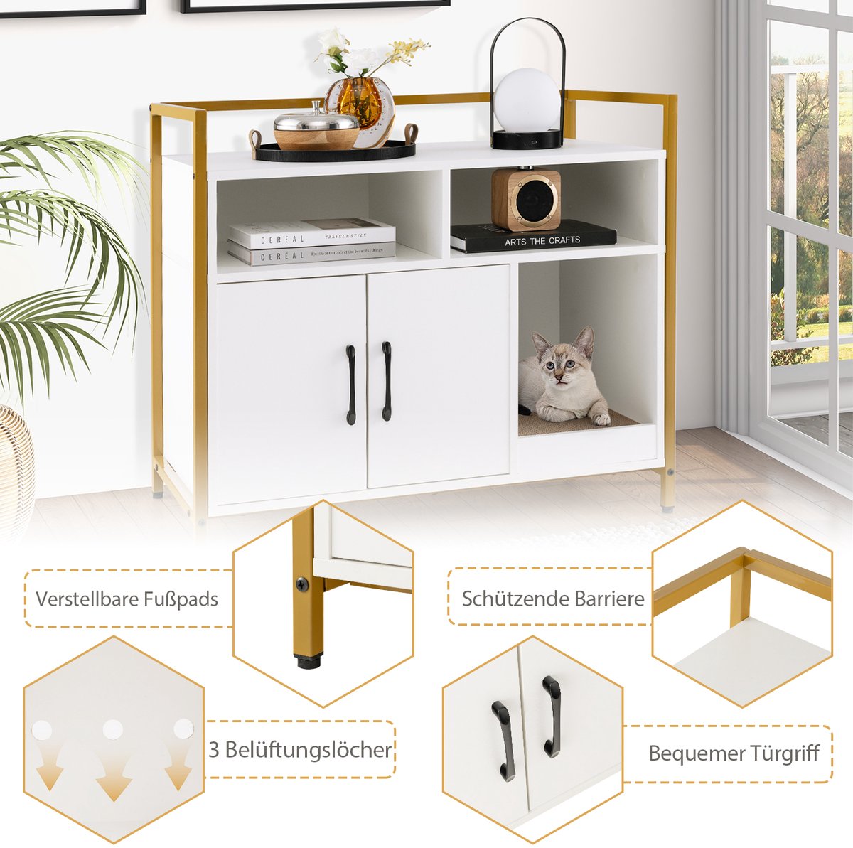 COSTWAY Kattenkast, kattenbak met dubbele deuren en krab-onderlegger, kattenhuis met open plank en 2 vakken, kattenmand, kattenbak, kast, voor katten, honden, huisdieren (wit)