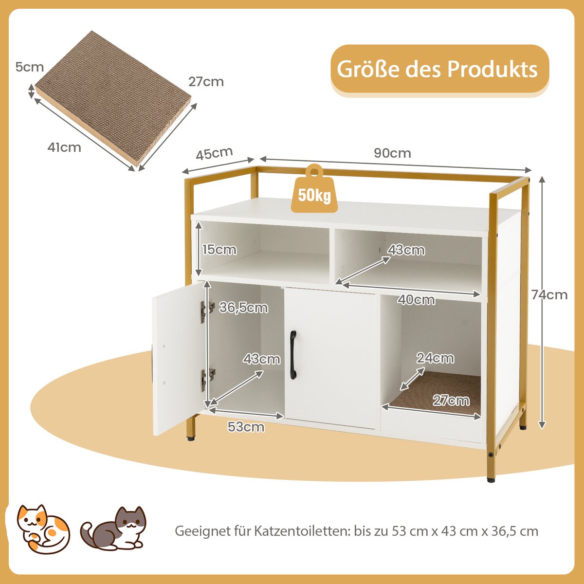 Miniatuur van productfoto 2 van COSTWAY Kattenkast, kattenbak met dubbele deuren en krab-onderlegger, kattenhuis met open plank en 2 vakken, kattenmand, kattenbak, kast, voor katten, honden, huisdieren (wit)