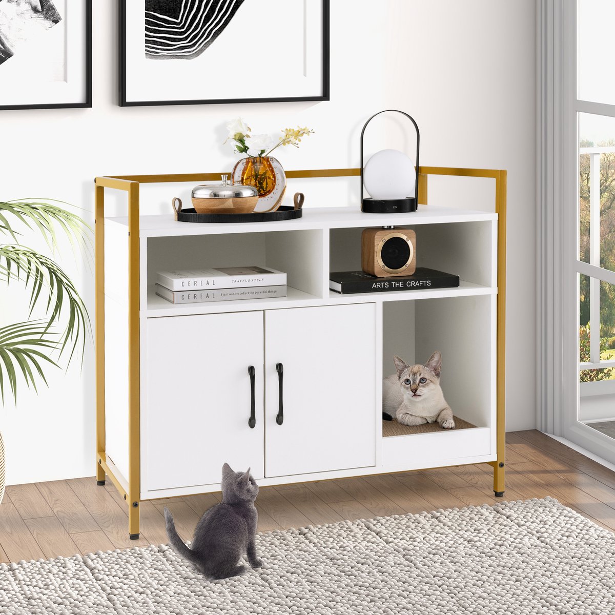 Miniatuur van productfoto 3 van COSTWAY Kattenkast, kattenbak met dubbele deuren en krab-onderlegger, kattenhuis met open plank en 2 vakken, kattenmand, kattenbak, kast, voor katten, honden, huisdieren (wit)