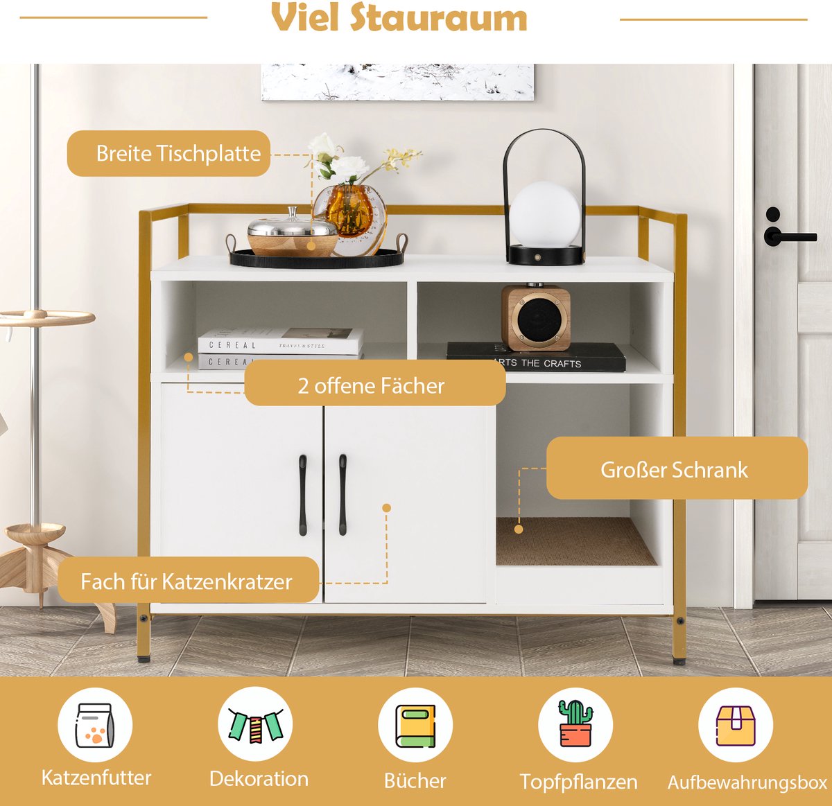 Miniatuur van productfoto 4 van COSTWAY Kattenkast, kattenbak met dubbele deuren en krab-onderlegger, kattenhuis met open plank en 2 vakken, kattenmand, kattenbak, kast, voor katten, honden, huisdieren (wit)