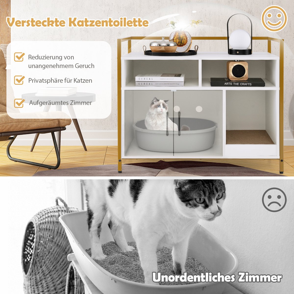 Miniatuur van productfoto 5 van COSTWAY Kattenkast, kattenbak met dubbele deuren en krab-onderlegger, kattenhuis met open plank en 2 vakken, kattenmand, kattenbak, kast, voor katten, honden, huisdieren (wit)