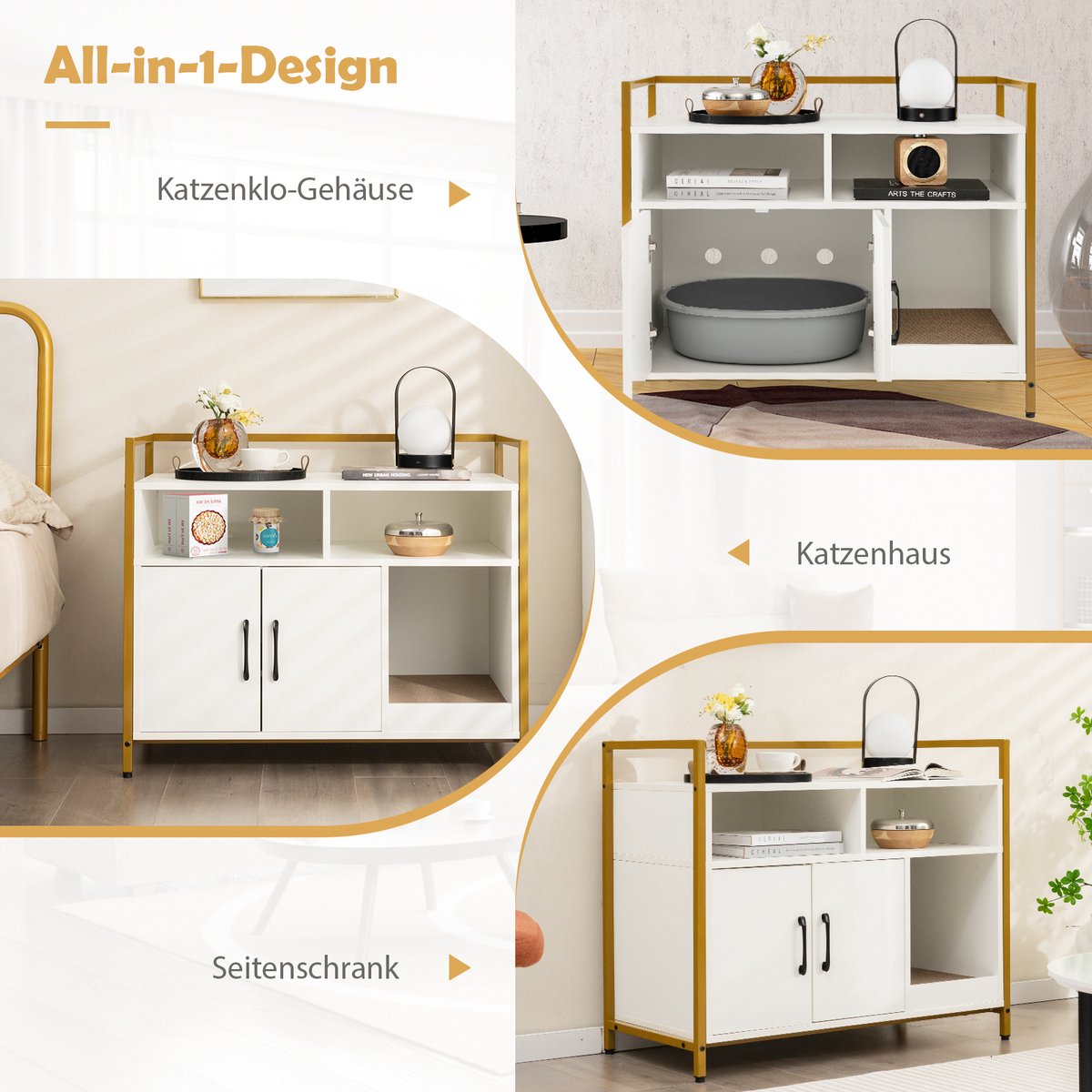 Miniatuur van productfoto 6 van COSTWAY Kattenkast, kattenbak met dubbele deuren en krab-onderlegger, kattenhuis met open plank en 2 vakken, kattenmand, kattenbak, kast, voor katten, honden, huisdieren (wit)