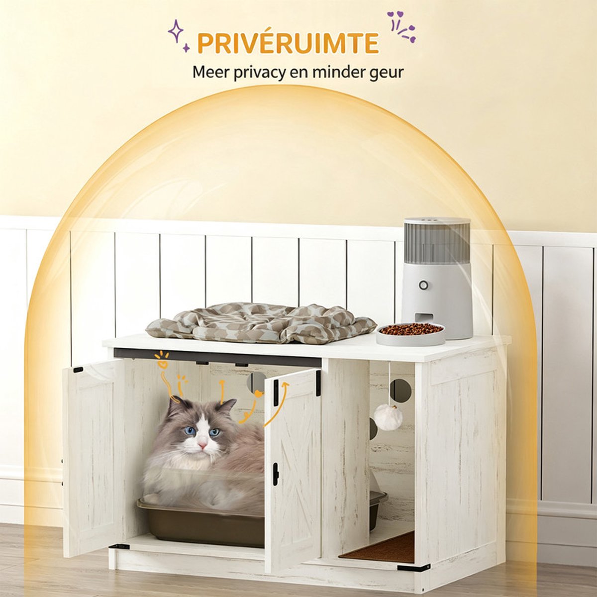 Miniatuur van productfoto 12 van Kattenkast Meubel - Kattenbak Omkasting - Privacy en Geur - Verborgen Toegang - 80 x 50 x 53 cm - Wit
