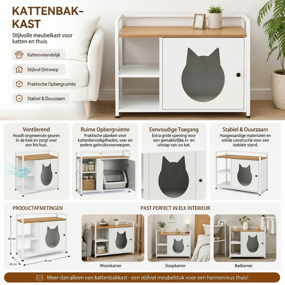 Kattenbak kast - Kattenbak - Kattenbak huis - Meubel - Bijzettafel - Kattenbak meubel - kattenbak - opening voor de kattenkop - 2 planken - opbergruimte - modern kattenmeubel - woonkamer en slaapkamer - Wit