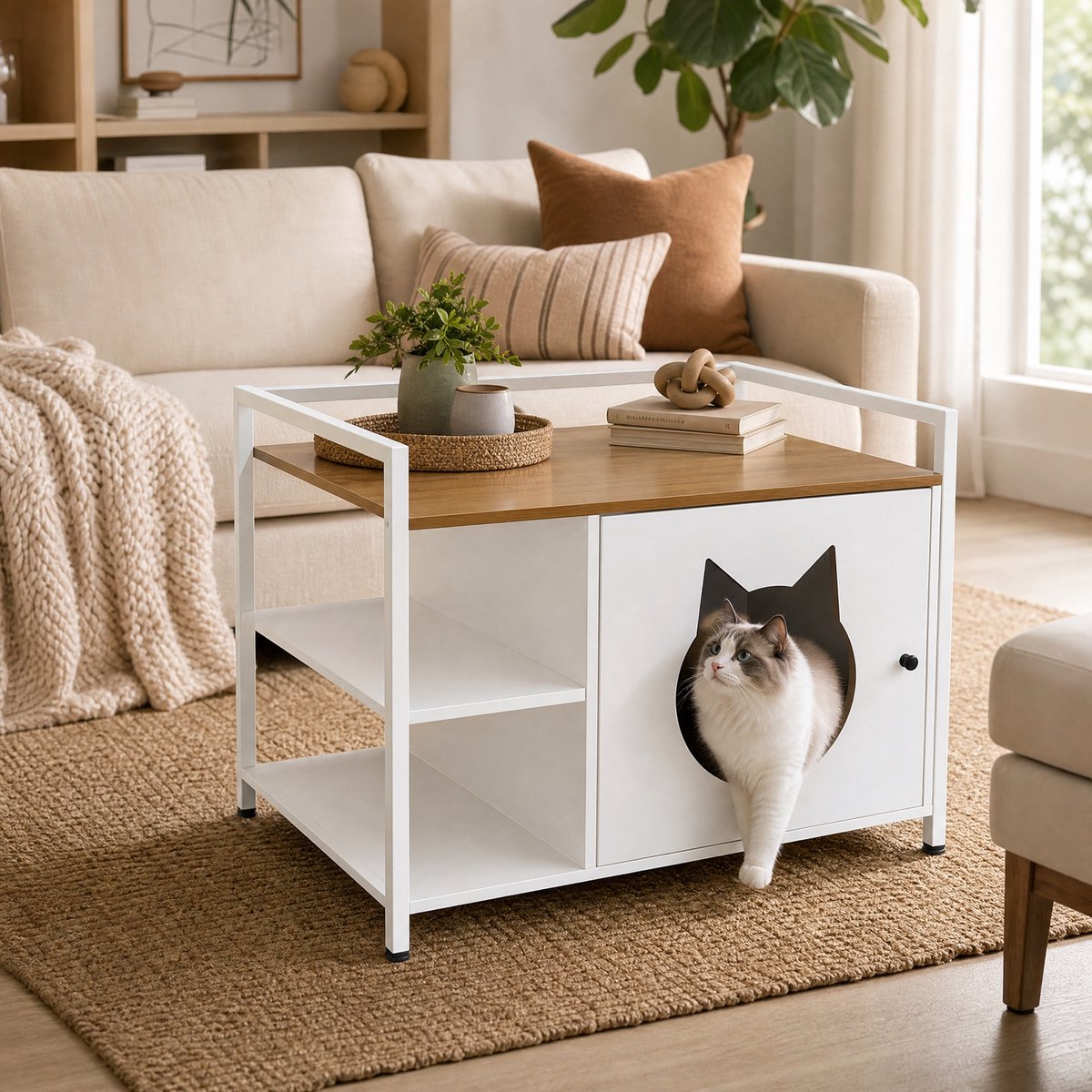 Miniatuur van productfoto 3 van Kattenbak kast - Kattenbak - Kattenbak huis - Meubel - Bijzettafel - Kattenbak meubel - kattenbak - opening voor de kattenkop - 2 planken - opbergruimte - modern kattenmeubel - woonkamer en slaapkamer - Wit