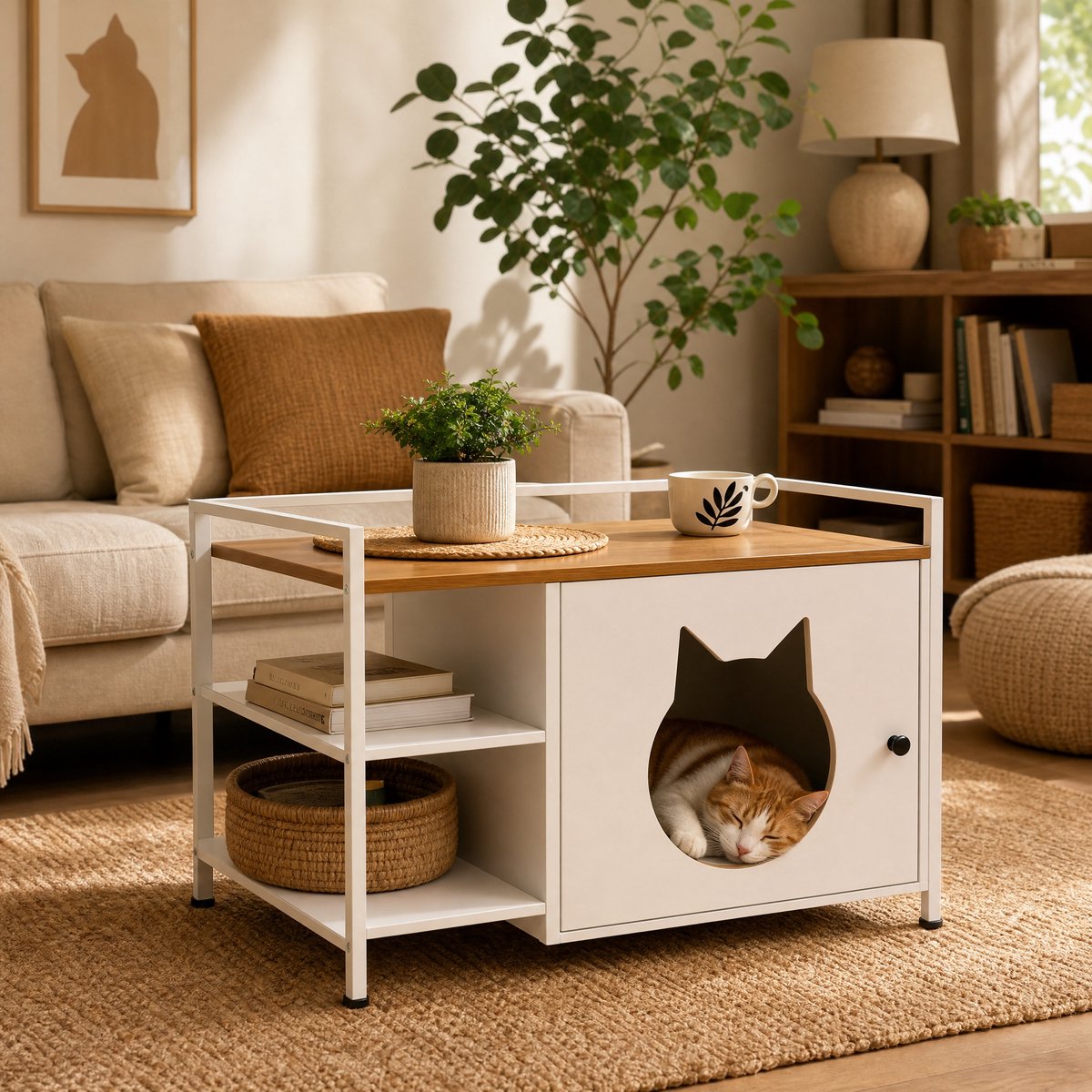Miniatuur van productfoto 5 van Kattenbak kast - Kattenbak - Kattenbak huis - Meubel - Bijzettafel - Kattenbak meubel - kattenbak - opening voor de kattenkop - 2 planken - opbergruimte - modern kattenmeubel - woonkamer en slaapkamer - Wit