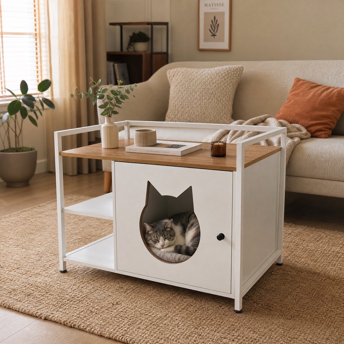 Miniatuur van productfoto 8 van Kattenbak kast - Kattenbak - Kattenbak huis - Meubel - Bijzettafel - Kattenbak meubel - kattenbak - opening voor de kattenkop - 2 planken - opbergruimte - modern kattenmeubel - woonkamer en slaapkamer - Wit
