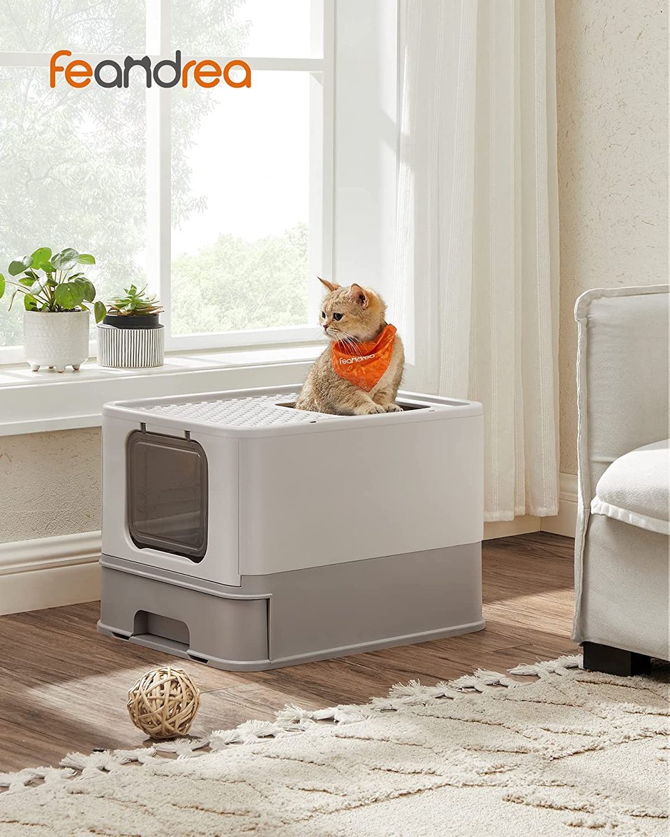 Kattenbak met deksel, uitschuifbare bak, schep, borstel, ruim voor katten tot 15 kg, minder sporen, lekvrije bodem, havermout warmgrijs