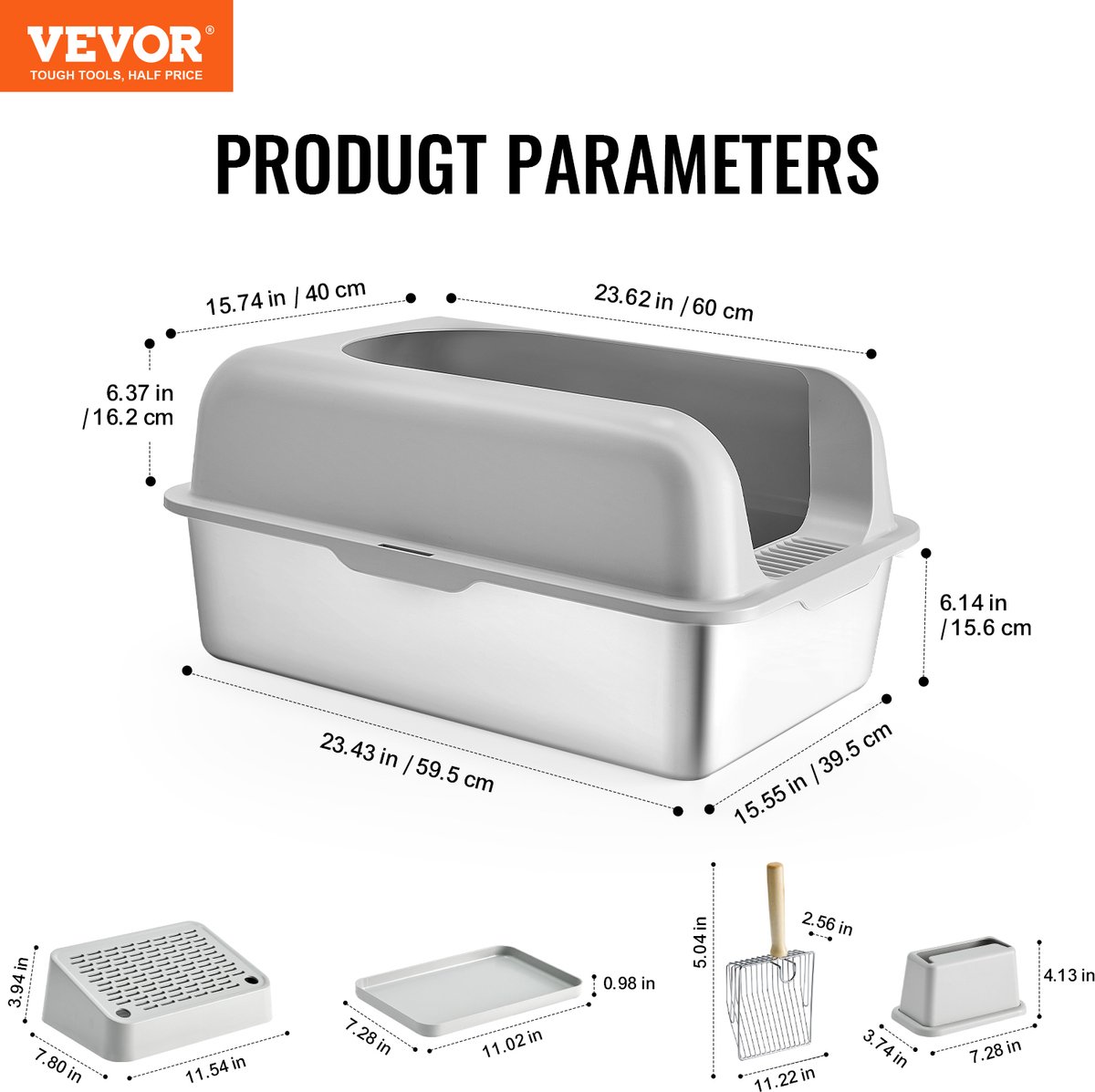 Miniatuur van productfoto 3 van VEVOR 152,4mm Kattentoilet Open Kattentoilet Lichtgrijs