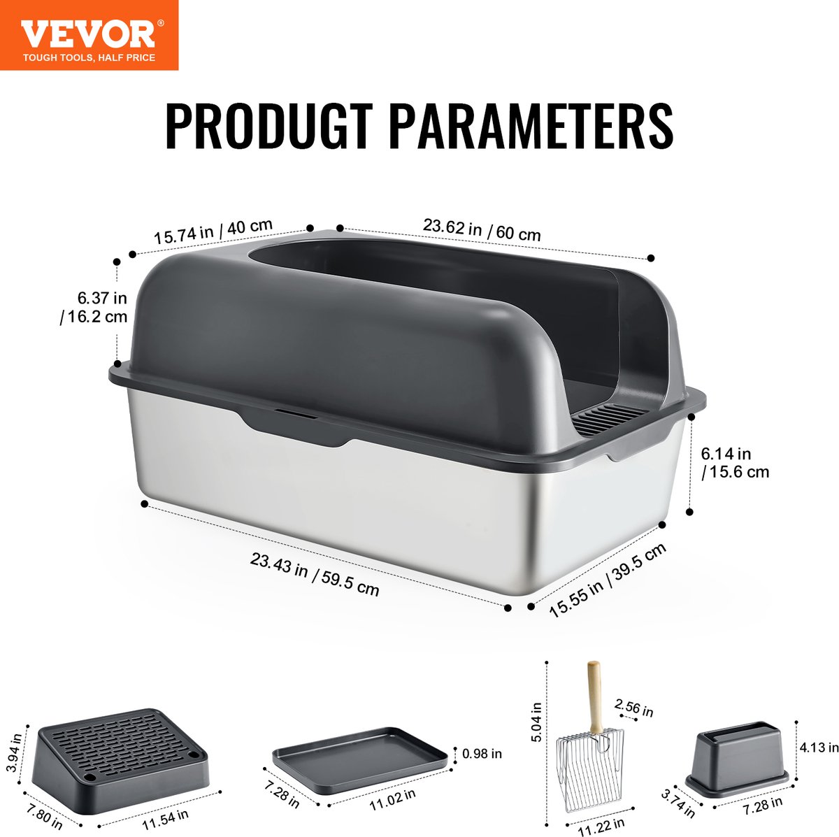 Miniatuur van productfoto 4 van VEVOR 152,4mm Kattentoilet Open Kattentoiletpot Toilet 60l