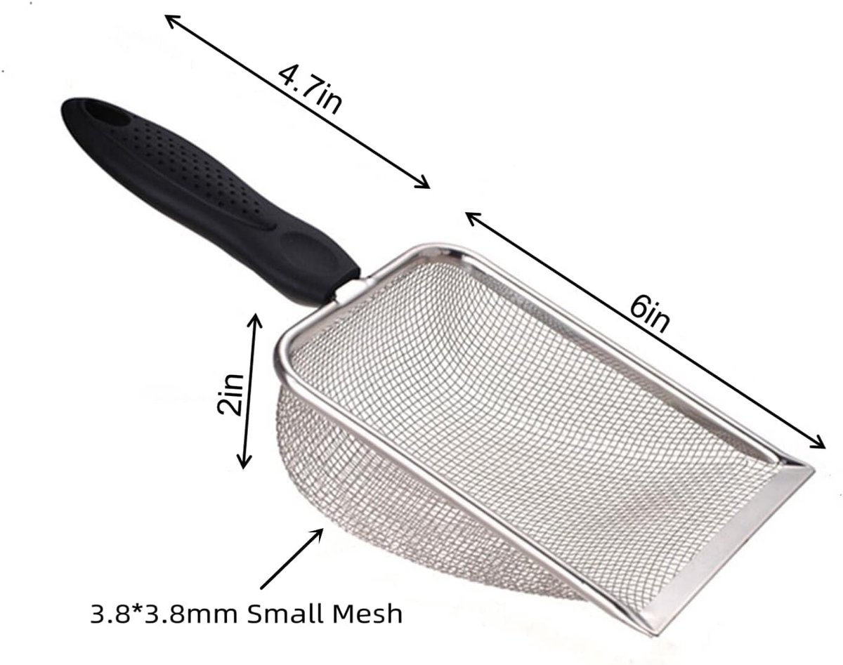 Kattenbakschepje - Klein kattenbakschepje van roestvrij staal met gaas - Voor het schoonmaken van kattenbakvulling voor reptielen - Metalen kattenbakschepje met antiaanbaklaag - Schoonmaakgereedschap - Fijn kattenbakschepje (poriegrootte: 3,7 mm)