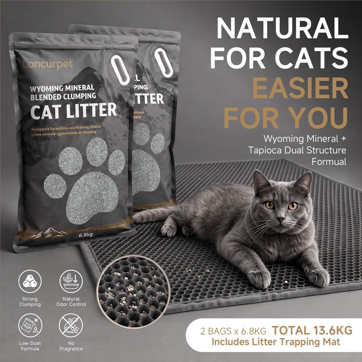 Loncurpet Kattenbakmat - Kattenbak mat Met Wyoming Natrium Bentoniet Klei +Cassava Kattenbakvulling - 60x40cm Grijs - Grit opvanger Met Kattenbakvulling Opvang ruimte - Honingraatstructuur - Waterdicht - Eco friendly - Uitloopmat