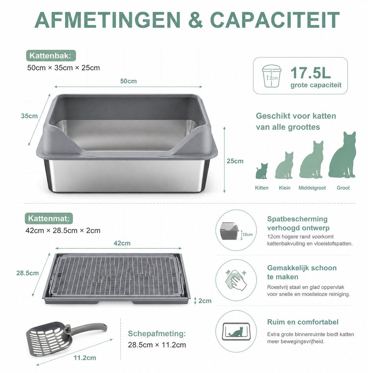 Productfoto 1 van RVS Kattenbak Groot 50 x 35 x 20 cm – Kattenbak met Hoge Rand en Anti-Uitloop Ontwerp – Inclusief Kattenbakmat en Schep – Lichtgrijs