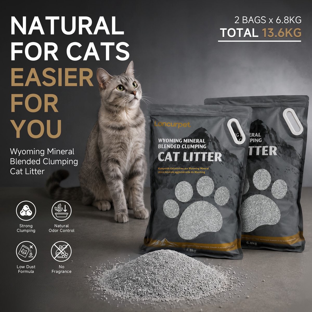 Miniatuur van productfoto 5 van Loncurpet - kattenbakvulling - kattengrind - Wyoming Natrium Bentoniet Klei +Cassava - 2 x 6,8kg - Ultra klontvormend - 100% stofvrij - Plakt niet - Geurneutraal