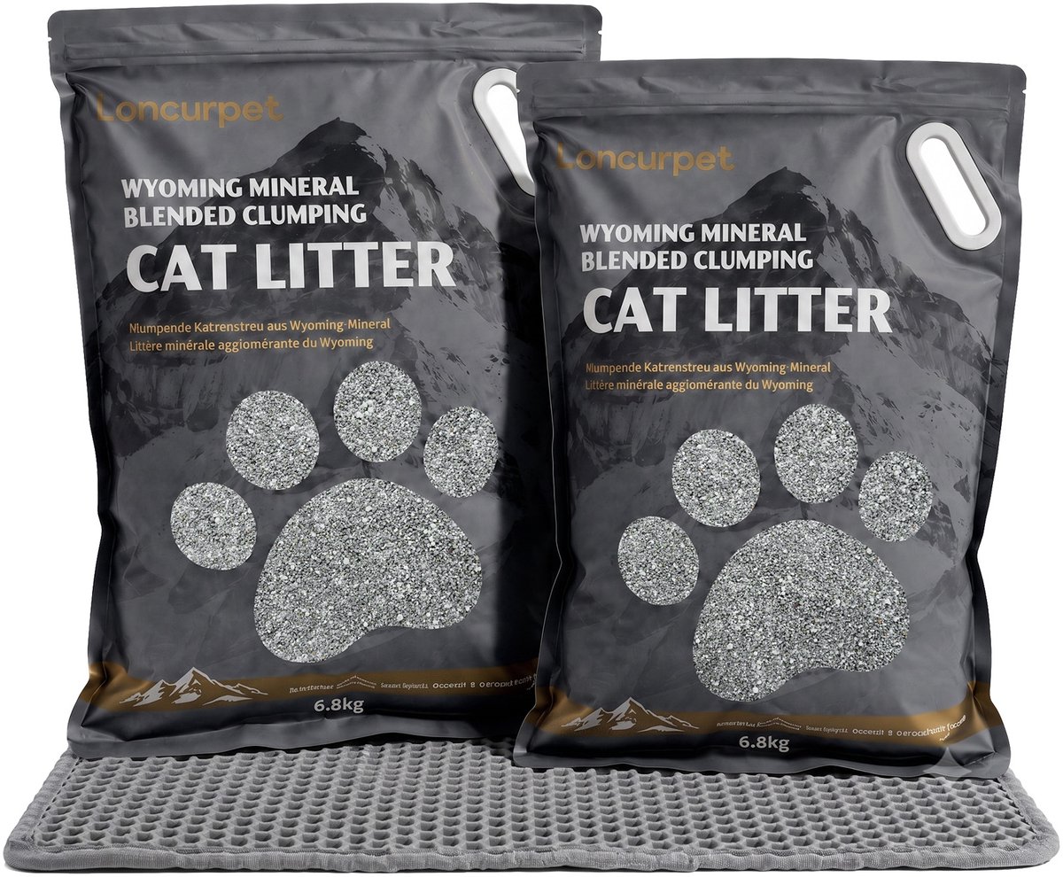 Miniatuur van productfoto 3 van Loncurpet - Kattenbakvulling - Kattengrind Met kattenbakmat - Wyoming Natrium Bentoniet Klei +Cassava - 2 x 6,8kg - Ultra klontvormend - 100% stofvrij - Plakt niet - Geurneutraal