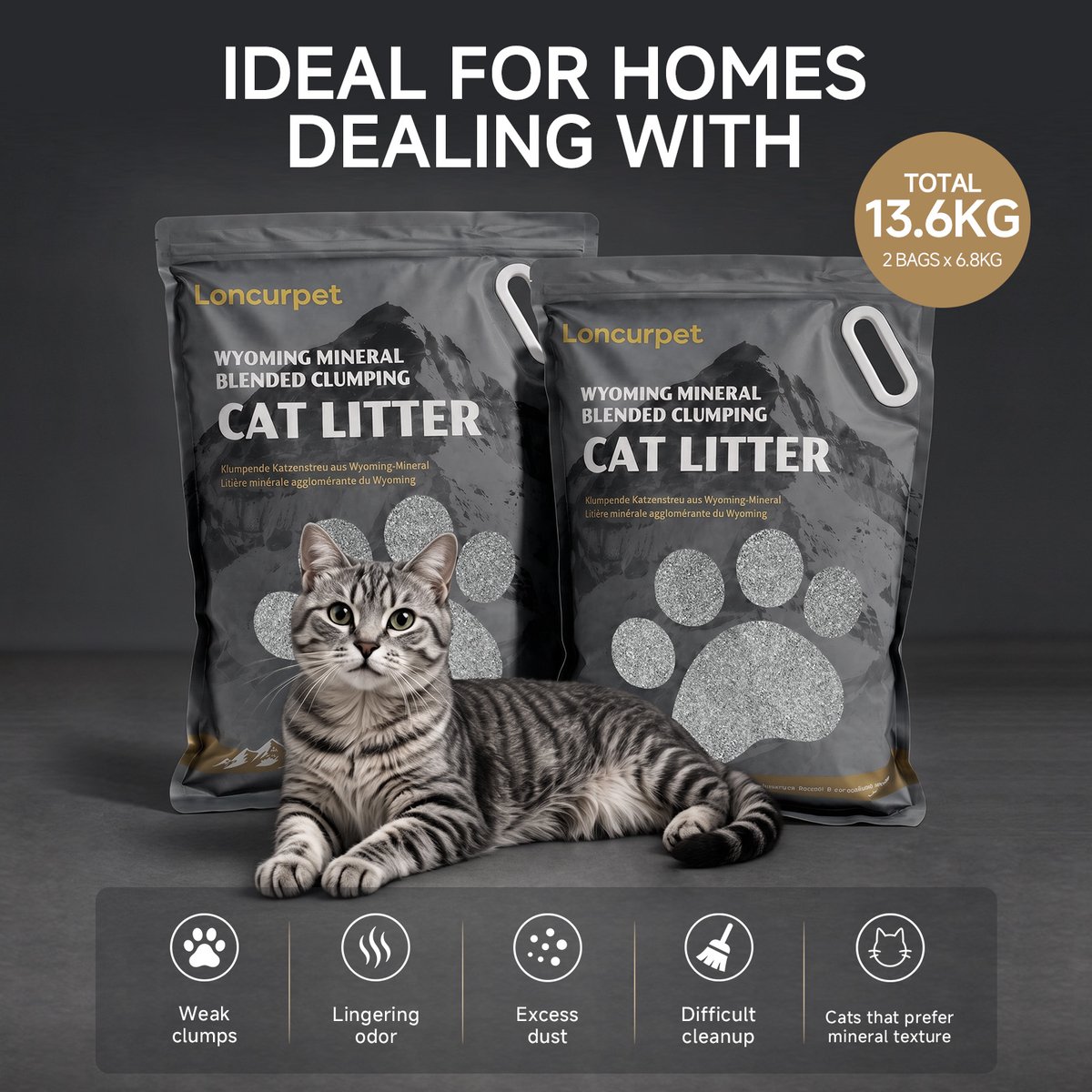 Miniatuur van productfoto 8 van Loncurpet - Kattenbakvulling - Kattengrind Met kattenbakmat - Wyoming Natrium Bentoniet Klei +Cassava - 2 x 6,8kg - Ultra klontvormend - 100% stofvrij - Plakt niet - Geurneutraal