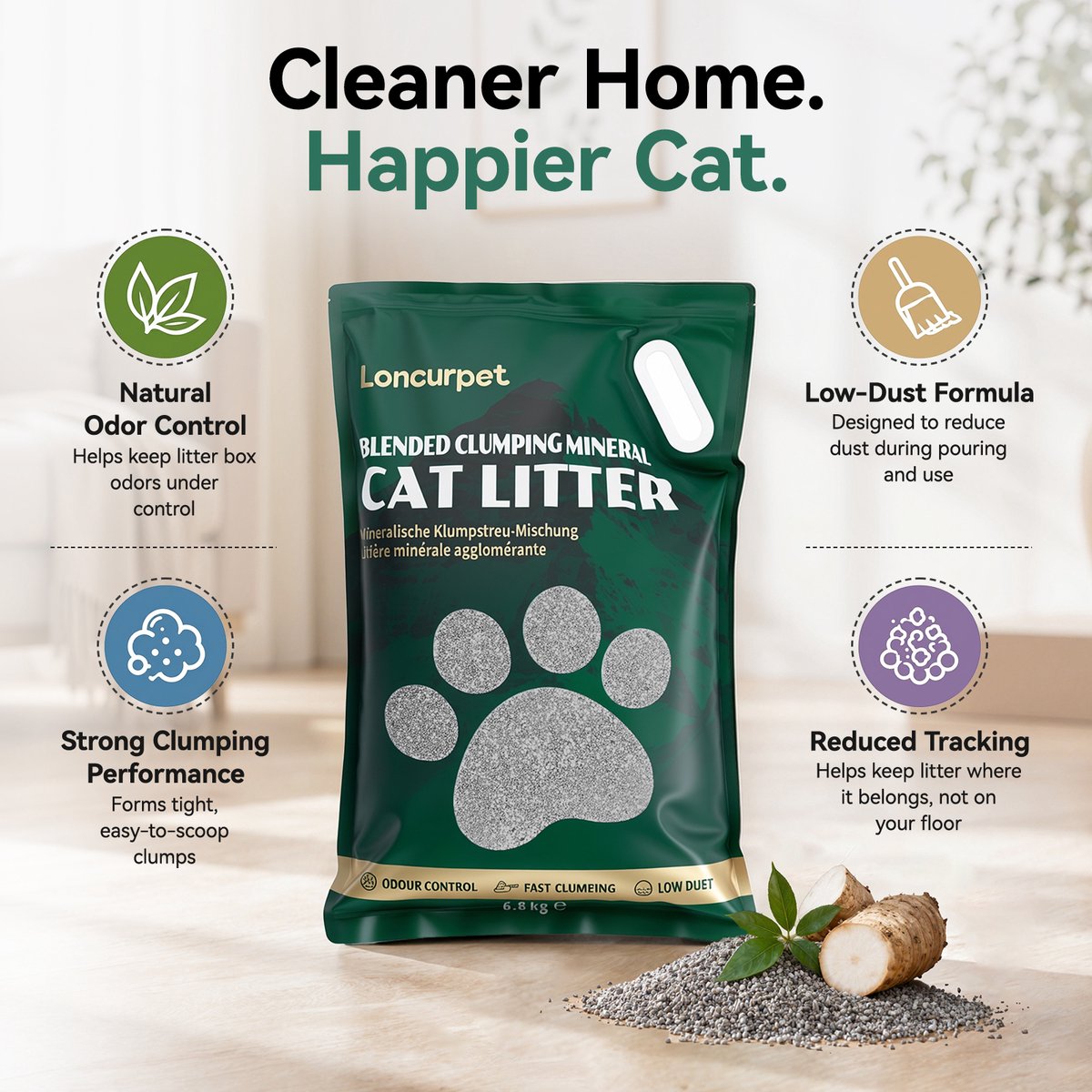 Miniatuur van productfoto 2 van Loncurpet - Kattenbakvulling - Natuurlijk Ruw Erts Gemengd Kattengrind - 2 x 6,8kg - Sterke Klontvorming - Stofarme Formule - Geurneutraal - Geen vastplakresten