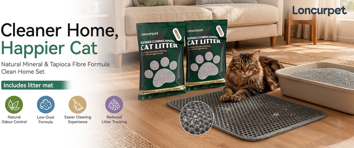 Miniatuur van productfoto 10 van Loncurpet - Kattenbakvulling - Met Kattenbakmat - Natuurlijk Ruw Erts Gemengd Kattengrind - 2 x 6,8kg - Sterke Klontvorming - Stofarme Formule - Geurneutraal - Geen vastplakresten