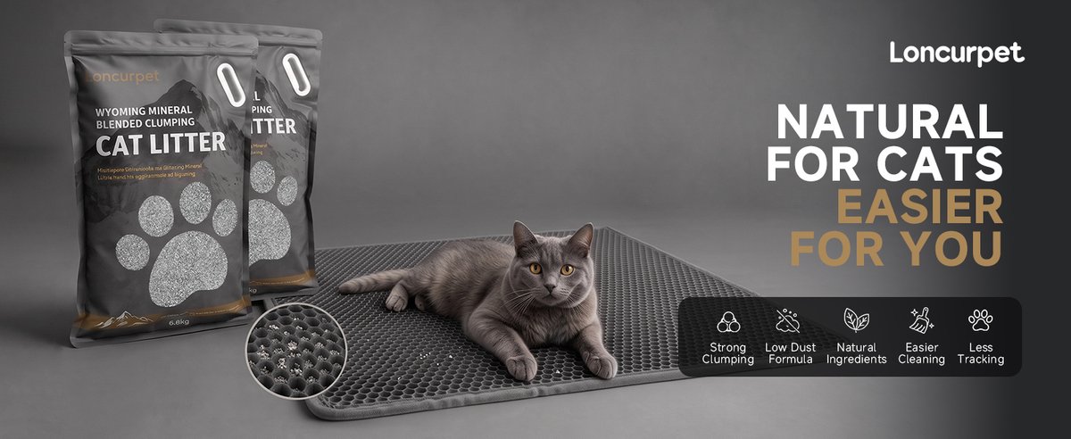 Miniatuur van productfoto 11 van Loncurpet Kattenbakmat Met Kattenbakvulling - Wyoming Natrium Bentoniet Klei +Cassava - 60x40cm - Grijs Kattenmat - Uitloopmat Grit opvanger - Honingraatstructuur - Waterdicht - Eco‑friendly - Opvang ruimte