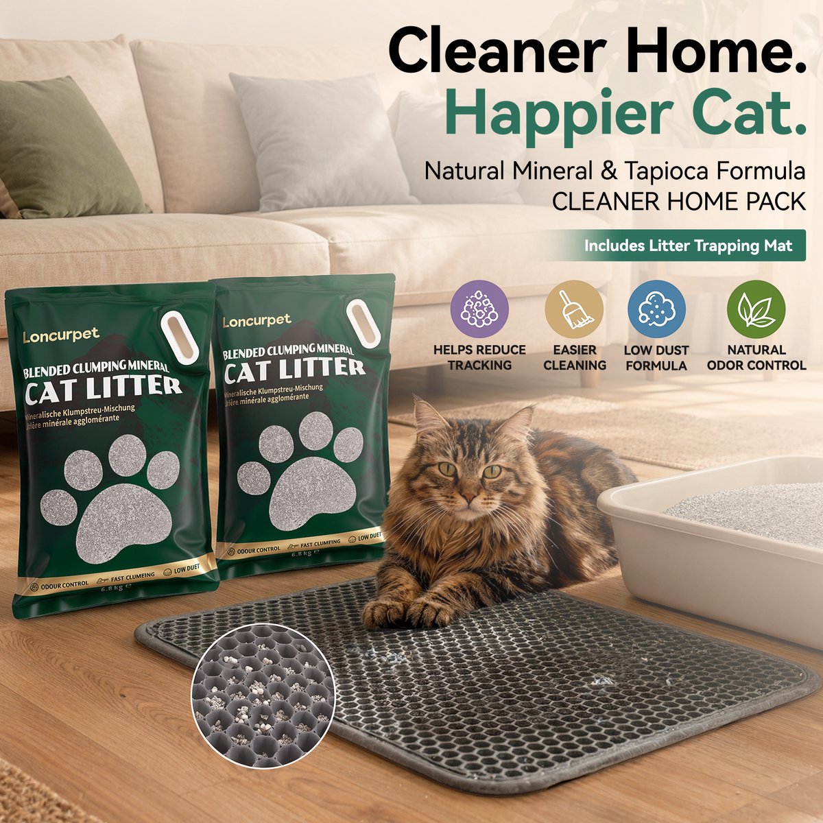 Loncurpet Kattenbakmat Met Kattenbakvulling - Natuurlijk Ruw Erts - 60x40cm - Grijs Kattenmat - Uitloopmat Grit opvanger - Honingraatstructuur - Waterdicht - Eco‑friendly - Opvang ruimte