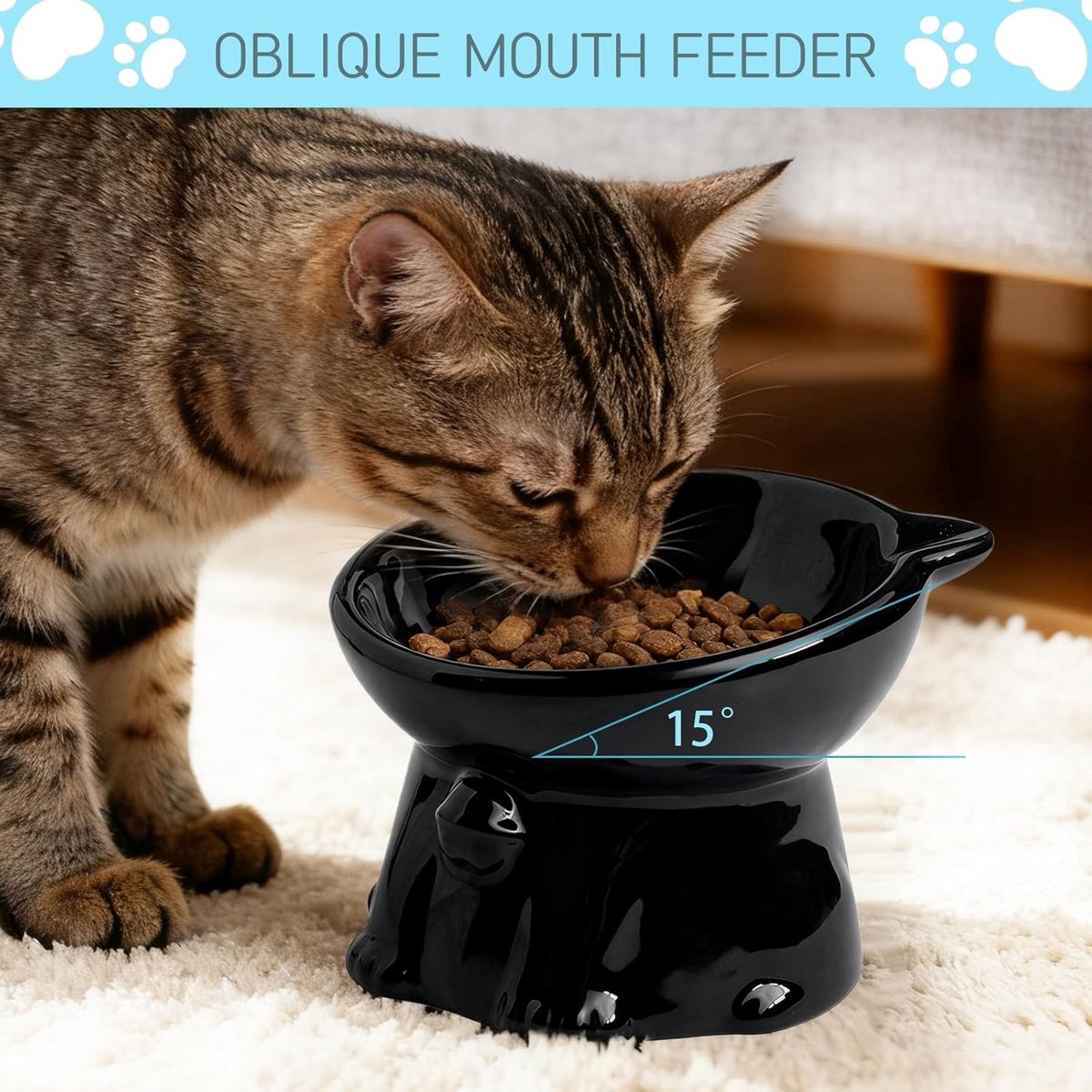 2 Pieces Raised Litter Box, 15 Degree Tilt, Anti-Fallow Bowl, Ceramic Feeder for Cats, Small Dogs, Food and Water (Black, White)