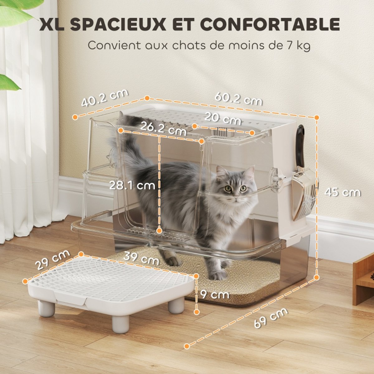 Productfoto 1 van Daity 1 stuk - XL roestvrijstalen kattenbak voor grote katten, 100° draaibaar deksel, schepje, 60,2 x 40,2 x 44,5 cm, lichtgrijs