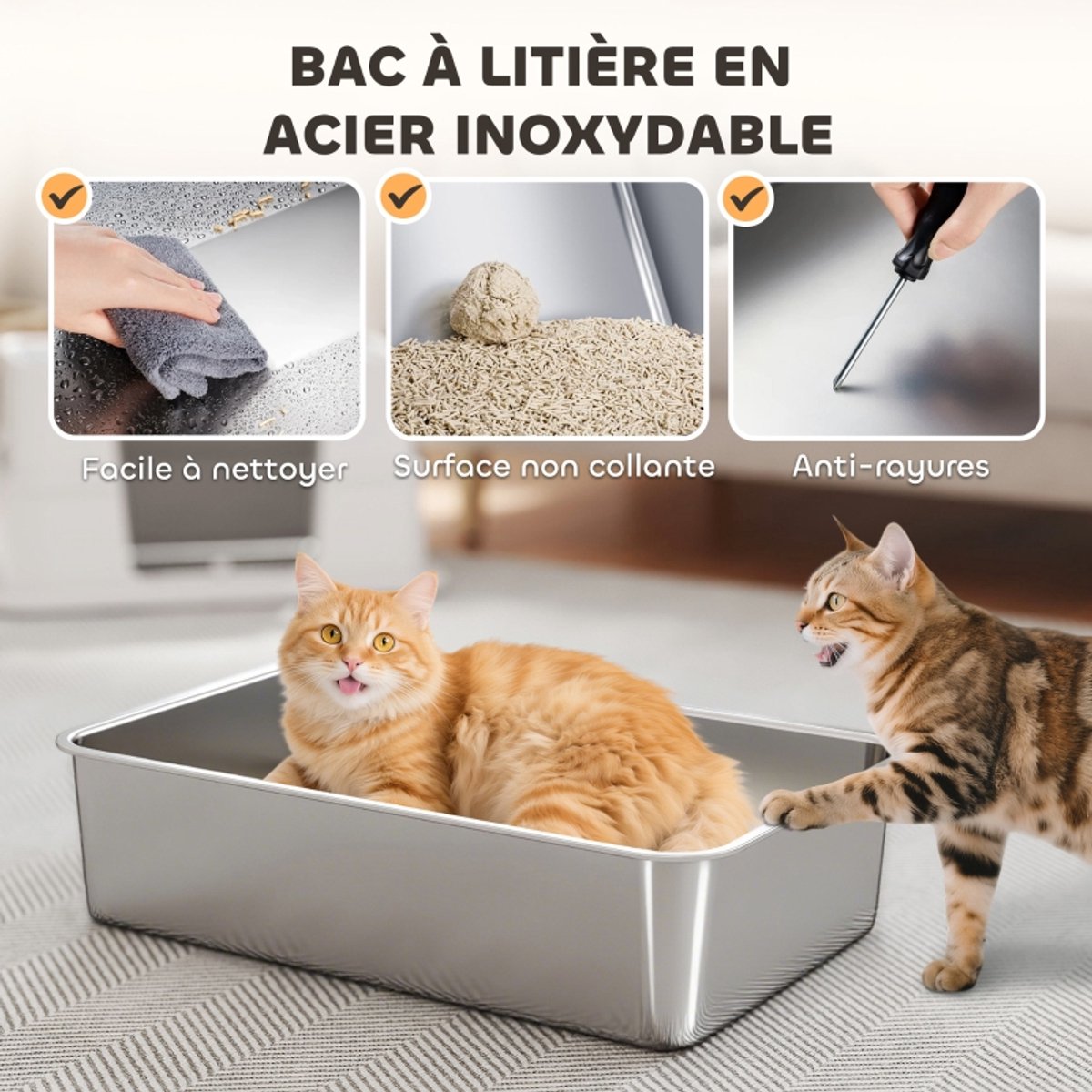Miniatuur van productfoto 2 van Daity 1 stuk - XL roestvrijstalen kattenbak voor grote katten, 100° draaibaar deksel, schepje, 60,2 x 40,2 x 44,5 cm, lichtgrijs
