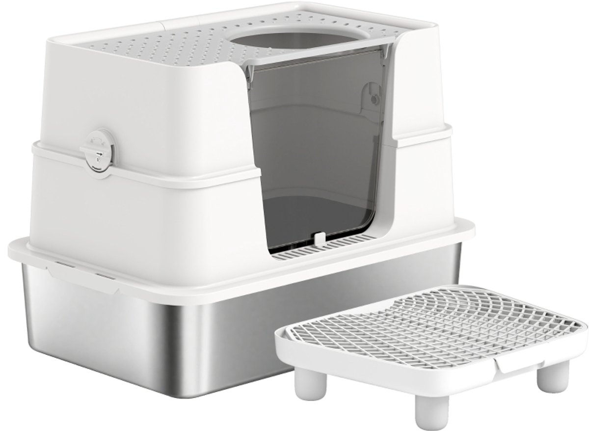 Miniatuur van productfoto 6 van Daity 1 stuk - XL roestvrijstalen kattenbak voor grote katten, 100° draaibaar deksel, schepje, 60,2 x 40,2 x 44,5 cm, lichtgrijs