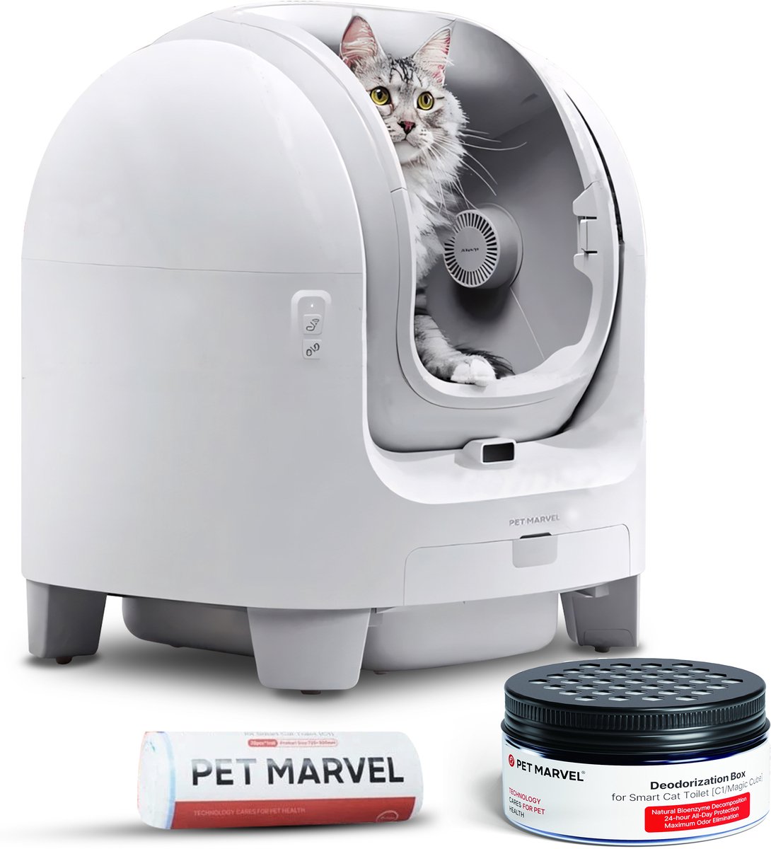 Pet Marvel C1 – Automatische Kattenbak – Zelfreinigende Kattenbak XXL – Grote opening - Geschikt voor grote en meerdere katten – Geurloos - Inclusief App, Afvalzak en Geurverwijderaar