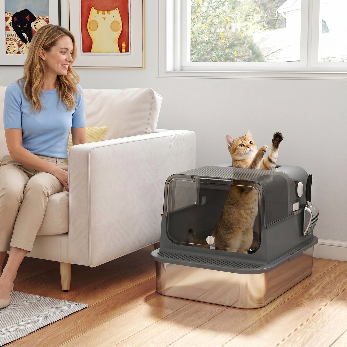 Productfoto 1 van HOMCOM kattenbak-RVS-met deksel XXL 72L – voor grote & meerdere katten, dubbele deuren, pedaal, schep, anti‑lek