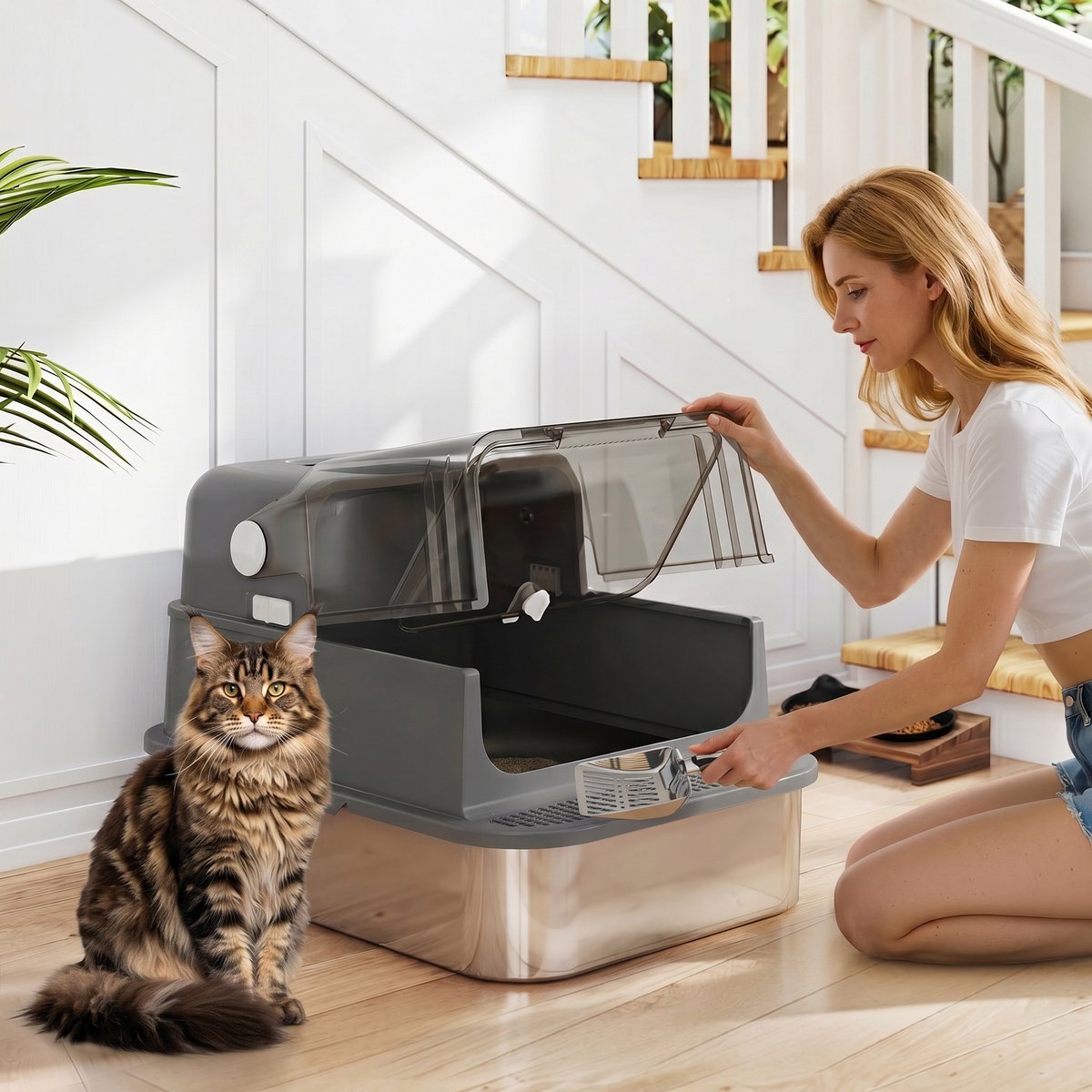 Miniatuur van productfoto 2 van HOMCOM kattenbak-RVS-met deksel XXL 72L – voor grote & meerdere katten, dubbele deuren, pedaal, schep, anti‑lek
