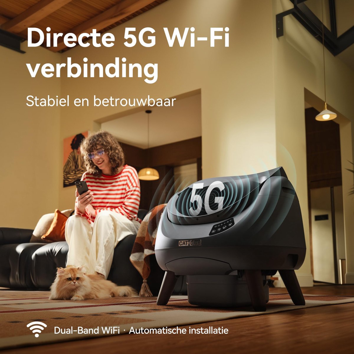 SnelShoppen - CATLINK Zelfreinigende Kattentoilet XL met Open Bovenzijde, 5 GHz Wi-Fi, 12L Capaciteit, Geschikt voor Alle Kattenbakvulling - Ideaal vo
