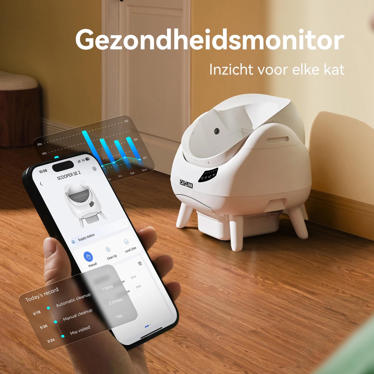Miniatuur van productfoto 3 van SnelShoppen - CATLINK Zelfreinigende Kattentoilet XL met Open Bovenzijde, 5 GHz Wi-Fi, 12L Capaciteit, Geschikt voor Alle Kattenbakvulling - Ideaal vo