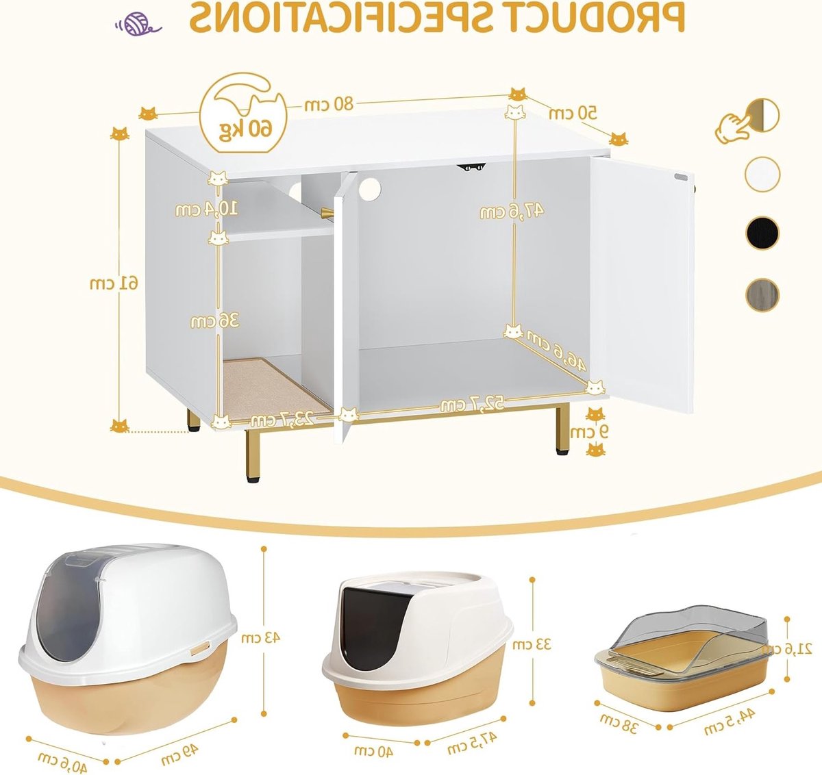 Cat Toilet Cabinet met Deur en Gescheiden Compartiment, 50 x 80 x 61 cm, Stabiel en Stijlvol Kattenhuis in Wit en Goud, Ideaal voor Kattenbak en Opbergruimte