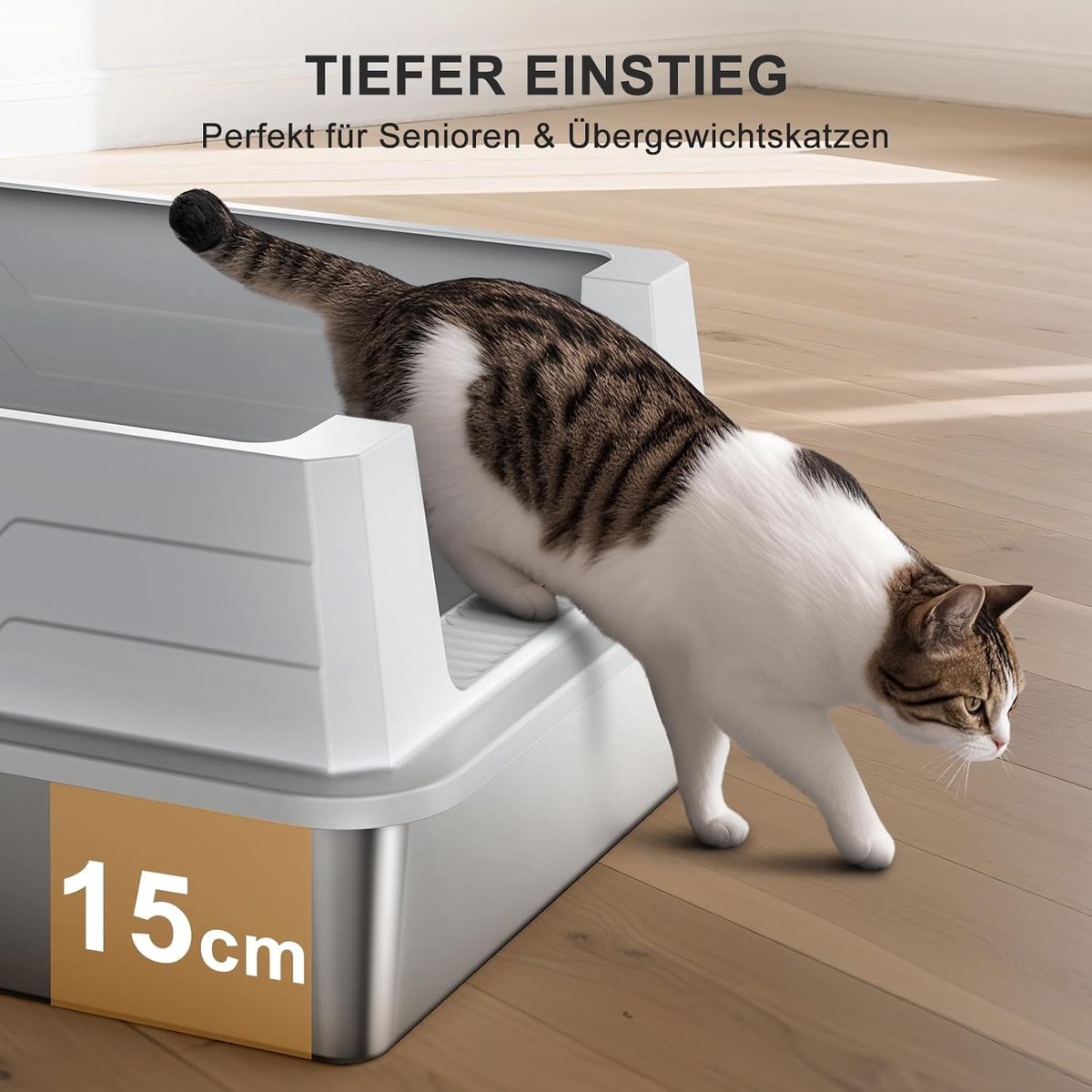 Miniatuur van productfoto 3 van Roestvrijstalen Kattenbak XXXL 71x51x30cm – Extra Grote Kattenbak voor Grote Katten en Meerdere Katten – Hoge Rand Spatvrij