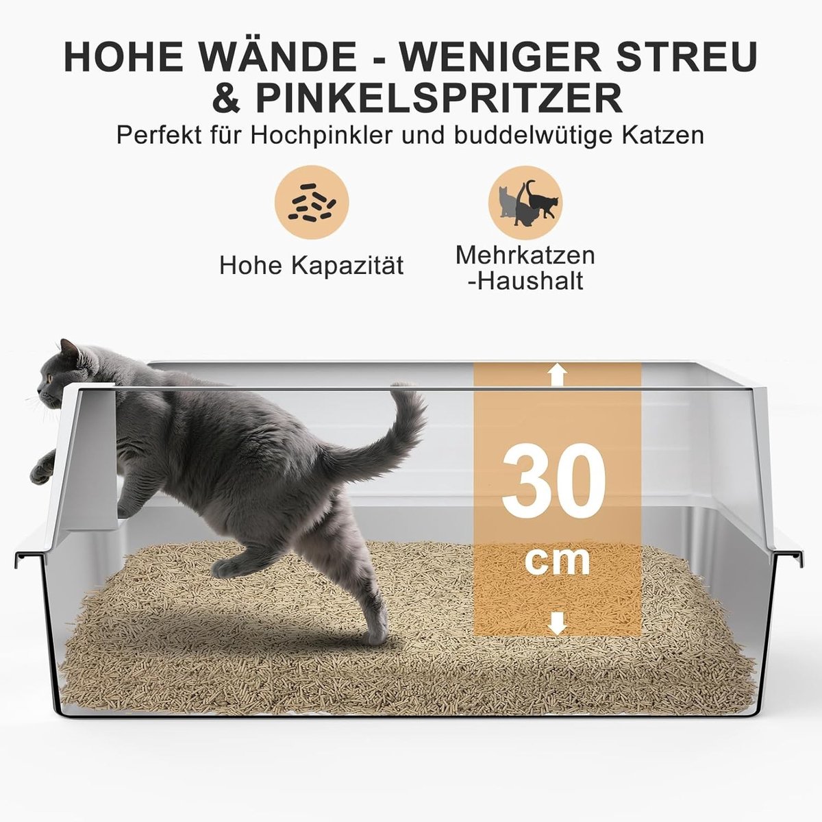 Miniatuur van productfoto 6 van Roestvrijstalen Kattenbak XXXL 71x51x30cm – Extra Grote Kattenbak voor Grote Katten en Meerdere Katten – Hoge Rand Spatvrij