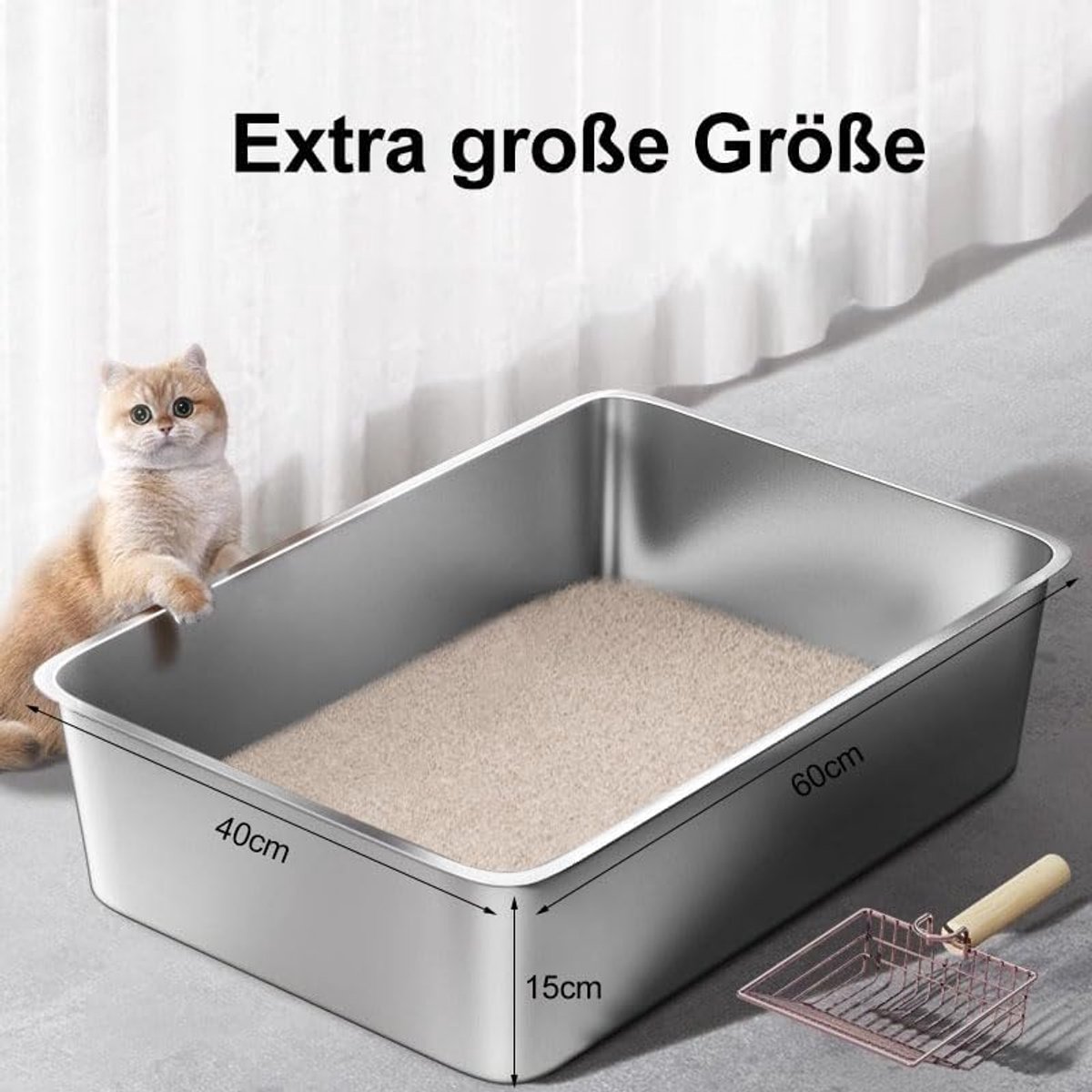 Miniatuur van productfoto 2 van stalen kattenbak, grote kattentoilet, XXL, metalen kattenbak voor grote katten, open kattenbak zonder deksel, Hop-in kattentoilet, 60 x 40 x 15 cm, geurvrij, roestvrij, lekvrij