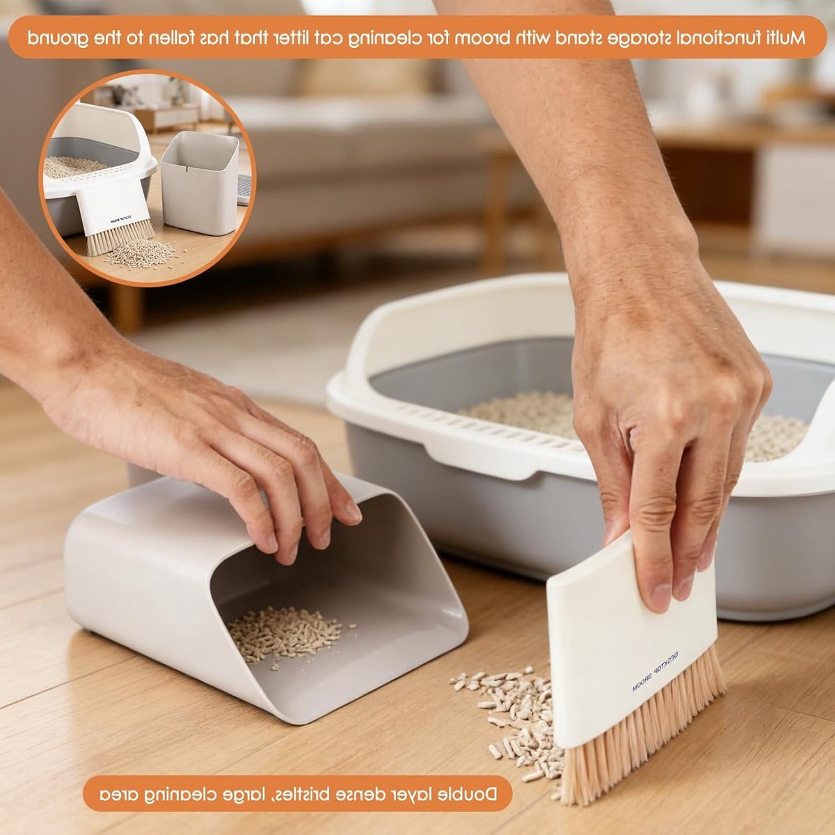 Productfoto 1 van Metalen kattenbak schep met container, 3-delige set met kleine bezem en snel zeefgereedschap, ideaal voor kattenbakvulling en schoonmaken