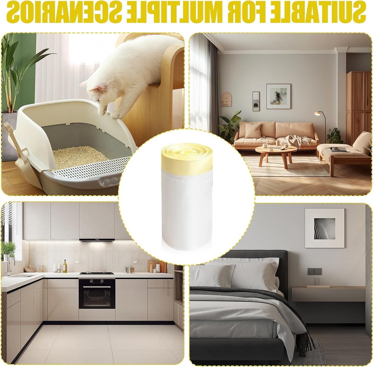 Productfoto 1 van XXL Kattenbakzakken 104x45cm, Witte Kleur met Gele Trekkoord, Duurzame Afvalzakken voor Zelfreinigende Kattenbak, 10 Stuks per Rol