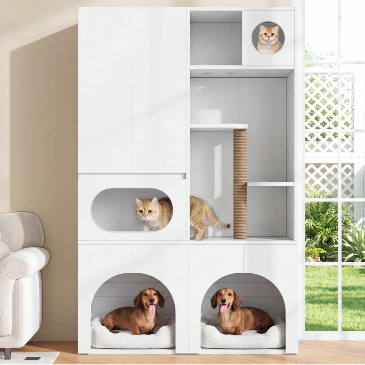 Productfoto 1 van OKWISH Kattenbakcontainer – Voor 2 Kattenbakken – Met Krabpaal En Opbergkast – Voor Katten En Honden – MDF Wit – 140 x 45 x 195 cm